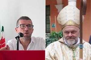 Il vescovo Vaccari e il segretario provinciale della Cgil Del Vecchio, vicini, in curva Nord per Carrarese Spezia: i molti dubbi del consigliere Bernardi sulla nuova "strana coppia" mai vista prima allo stadio