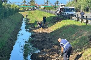 Due operai mandati dal Consorzio per pulire l'enormità di sfalci lasciati sugli argini dei fiumi versiliesi: lo sconcerto di Emanuele Ricciardi, costretto da anni a pulire le montagne di sfalci che ostruiscono la sua darsena