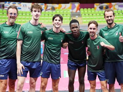 Matteo Mutti dell’ Apuania Carrara Tennistavolo in nazionale nella semifinale con la Francia ai Giochi del Mediterraneo di Taranto