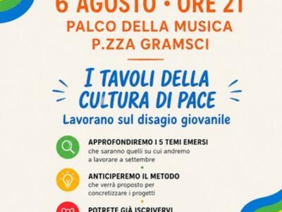 Disagio giovanile: se ne parla ai tavoli per una cultura di pace. Appuntamento giovedì 6 agosto in piazza Gramsci