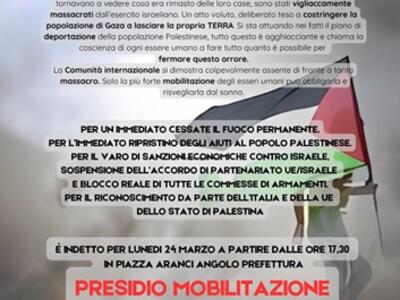 Presidio contro Israele  di Gaza Fuorifuoco, associazioni, Pd, Cgil, Alleanza Verdi Sinistra a Massa il 24 marzo
