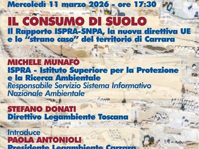 Conferenza sul consumo di suolo organizzata da Legambiente Carrara a Palazzo Binelli l'11 marzo
